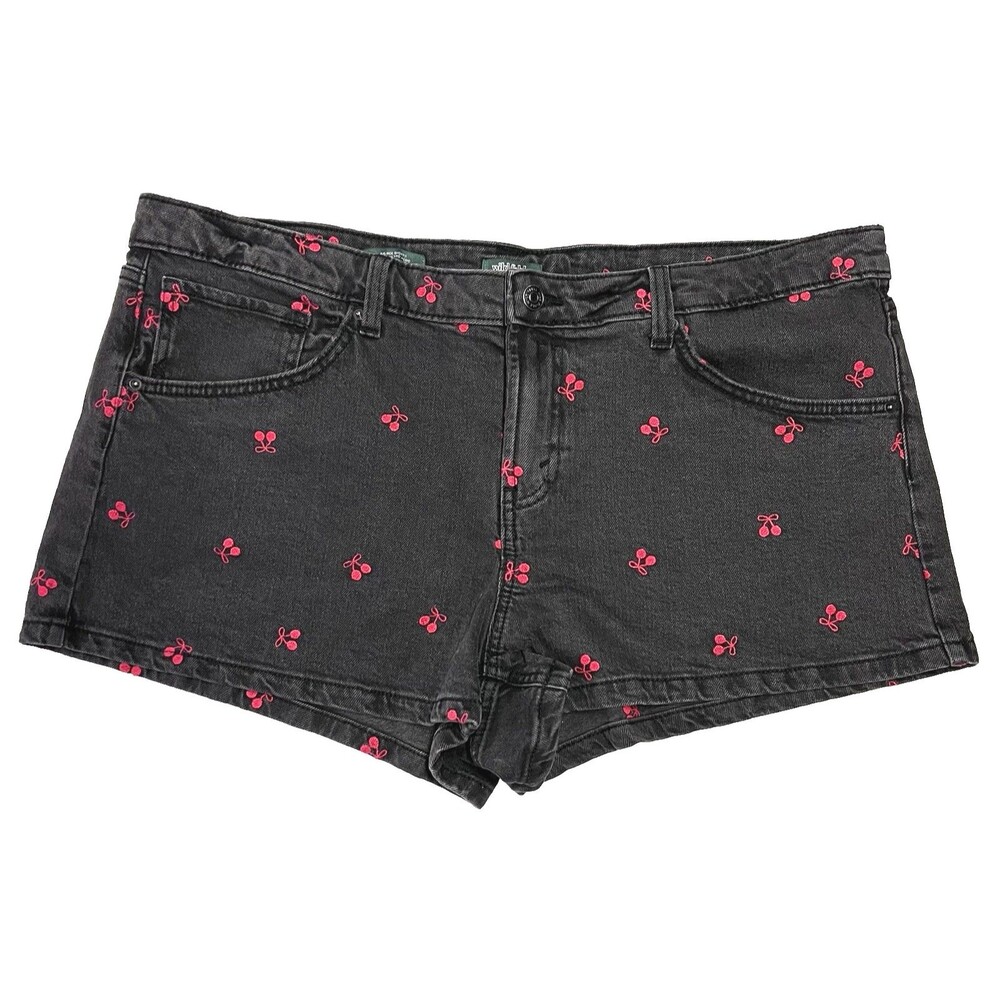 Wild Fable Women's Mid Rise Denim Shorts Red CHERRY Embroidered Size 16 Black